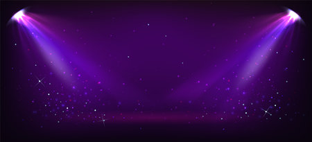 Purple stage with award ceremony spotlight background, festive sparkling stars, glowing projector rays and shimmering glitter particles on dark bg. Winners announcement or luxury event decoration.のイラスト素材