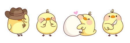 Kawaii chick baby character for Easter design - cute little yellow chicken in cowboy hat, small farm animal blushing with pink chicks, bird hugging egg with love and standing with knife in wing.のイラスト素材