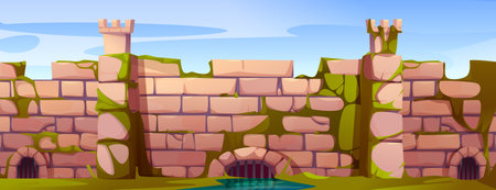 Medieval ancient castle wall with mossy stone brick and fortification towers. Kingdom gateway border, defensive structure in fantasy landscape. Design element for game background, rpg location.のイラスト素材