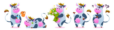 Funny cow mascot collection - spotted dairy character pouring milk into glass, relaxing with clover, holding flower bouquet, standing smiling and showing confused expression. Cute cartoon farm animalのイラスト素材