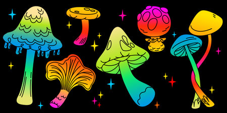 Psychedelic mushroom illustrations set - colorful neon magical fungi, hallucinogenic luminous toadstools. Trippy visionary fairytale clipart isolated on black background. Vibrant hippie shroom drawingのイラスト素材