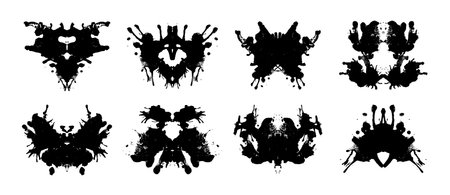 Rorschach test inkblots set isolated on white background. Vector realistic illustration of abstract black ink stains for mental treatment, abstract silhouettes for psychology examination, tattoo imageのイラスト素材