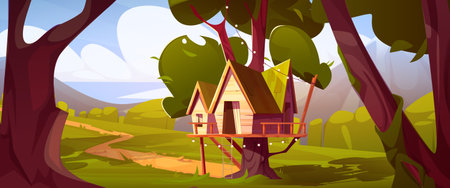 Treehouse wooden cabin on tree in forest. Small house on platform among green leaves and branches in woods. Children playground or camping place, summer holiday cottage exterior, nature landscape.のイラスト素材