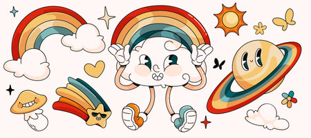 Retro sky mascots set isolated on white background. Vector cartoon illustration of groovy cloud, rainbow, planet, mushroom, star characters smiling and flying, cute y2k emoji, vintage design elementsのイラスト素材