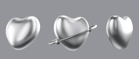 Chrome heart shapes. Glossy metallic silver love symbols, isolated shiny steel romantic icons. Polished metal valentine design elements. Luxury decoration for wedding invitation, greeting card.のイラスト素材