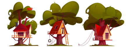 Cute treehouses set isolated on white background. Vector cartoon illustration of small wooden huts with rope ladders on green trees in summer park, kindergarten on home backyard, kids game campのイラスト素材