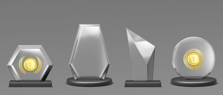 Glass award set with gold medal in center - hexagon, circle and irregular shapes. Transparent trophies on black pedestals. First place prize or winner cup. Champion rewards and achievement symbols.のイラスト素材