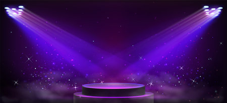 Award ceremony stage in purple lights and sparkles. Vector realistic illustration of empty round podium on black background illuminated by concert spotlights, shimmering particles in air, party bannerのイラスト素材