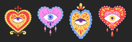 Mexican sacred hearts set with open eye symbol - colorful yellow, pink and red love symbol shapes decorated by ornate floral patterns. Mystical vector design elements for spiritual projects.のイラスト素材