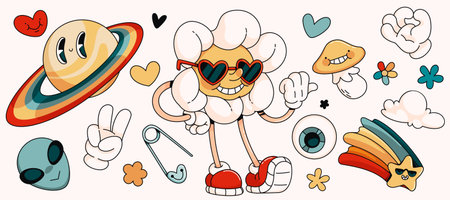 Retro rainbow summer characters set - cheerful smiling daisy character in heart shaped sunglasses, Saturn planet, alien head, flowers and hands gestures. 70s hippie vibes cartoon groovy stickers.のイラスト素材