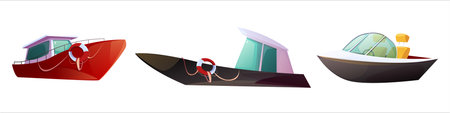 Motorboat speedboat vector set, cartoon water transport. Red cabin cruiser, black sports boat, colorful yacht. Lifebuoy decoration, stylized portholes and sleek futuristic shapes for summer recreationのイラスト素材