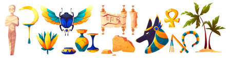 Ancient Egypt stone symbols set - winged scarab beetle, lotus flower, ankh cross, Anubis head. Hieroglyphic scroll and rocks, vase and mummy. Decorative colorful icon for historical museum design.のイラスト素材