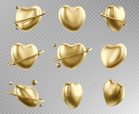 Golden heart collection on transparent background. Shiny gold romantic symbols, glossy metal valentine shapes. Polished luxury love icons for jewelry embellishment, wedding invitation decoration.のイラスト素材