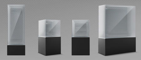 Glass museum display cases set - various sized transparent rectangular boxes with black bases. Tall narrow vitrine, low wide pedestal, square cube for exhibiting art objects, jewelry. Empty showcases.のイラスト素材