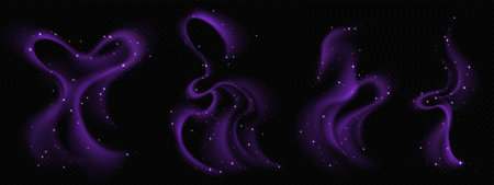 Magical purple smoke trails set - wispy curvy lines with glowing sparkle effect. Fantasy swirl shapes, mysterious fairy dust, dreamy vapor texture for fairy food decoration or witchcraft concept.のイラスト素材