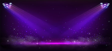 Purple stage award ceremony background with festive spotlight illumination. Elegant dark violet backdrop with glowing vibrant lights, twinkling star shine overlay, shimmering sparkle decorations.のイラスト素材