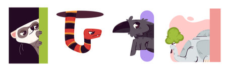 Peeking animal character illustrations - curious lemur, striped snake, peeping raven, hiding elephant. Cute stylized creatures partially visible behind colorful shapes. Playful funny cartoon mascots.のイラスト素材