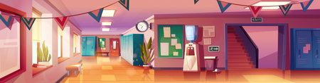 School hallway interior with furniture. Vector cartoon illustration of empty corridor with windows, student lockers, benches, information boards on wall, waste bin, modern education space on campusのイラスト素材