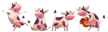 Cow funny mascot poses set - spotted cattle character pouring milk from clay pitcher, dancing joyful, standing smiling, sitting with stick out tongue. Humorous farm animals, dairy product design.のイラスト素材