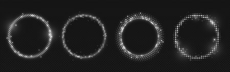 White dot circles set isolated on transparent background. Vector realistic illustration of round shining light spot frames, abstract sparkling borders for retro disco party, holiday celebration bannerのイラスト素材