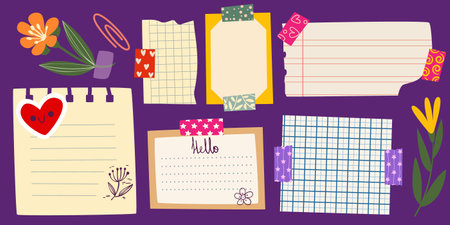 Memo note paper sheets drawn set - colorful scrapbook page designs with flowers, grid pattern elements. Stationery collection with notepad pages decorated with stickers for bullet journal or planner.のイラスト素材