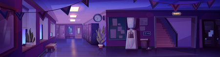 School corridor night view - empty hallway lit by ceiling lamps, exit sign above door. Lockers line walls, potted plants decorate interior. Clock hangs next to bulletin board in educational facility.のイラスト素材