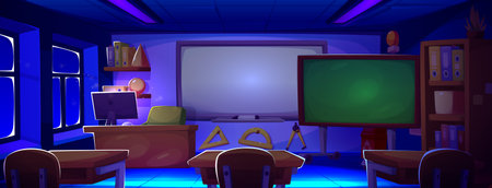 Colorful school classroom interior at night - empty desks and chairs, chalkboard on wall. Dark educational space with geometric shapes, shelves and potted plant. Cartoon vector learning environment.のイラスト素材