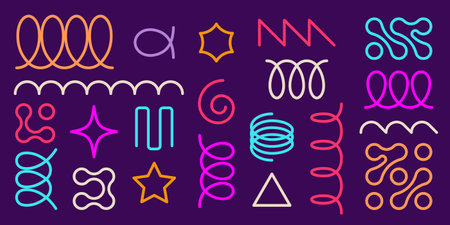 Neon color spring coil shapes set isolated on background. Vector illustration of thin spiral doodle, oval loop, zigzag line, abstract metaball, flexible coil elements for design, squiggles collectionのイラスト素材