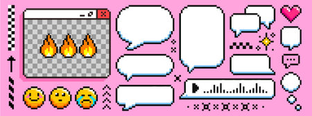 Pixel speech bubble set - retro 8 bit style chat box shapes and emoticon icons on pink. Square text boxes, round talk bubbles, fire flames, sparkles and hearts. Cute nostalgic 90s interface elementsのイラスト素材