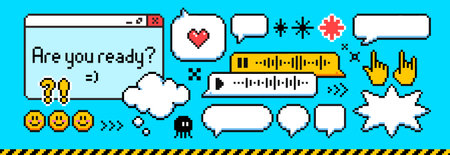 Pixel art speech bubbles and emoticon set - retro 8 bit style chat message boxes, hearts and stars,...