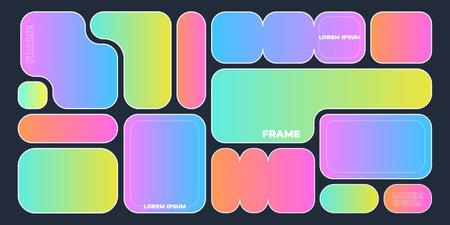 Colorful bento shape frames collection - rounded rectangle blocks, neon gradient borders. Bright holographic liquid colors backgrounds. Trendy abstract graphic templates, ui elements, web page design.のイラスト素材