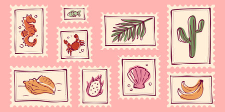 Tropical travel stamp collection - seahorse and crab, fish and seashell, pitaya dragon fruit and banana leaves, cactus. Line art illustrations set for vintage postmarks and fridge magnets designs.のイラスト素材