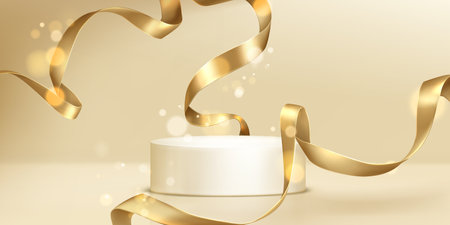 White round podium and golden ribbons on beige background. Vector realistic illustration of empty podium for product presentation or award ceremony, light flare, shiny gold decor, showroom displayのイラスト素材