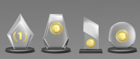 Glass winner award mockups set isolated on transparent background. Vector realistic illustration of abstract shape crystal prizes with golden medals, sports game or competition trophy, acrylic designのイラスト素材