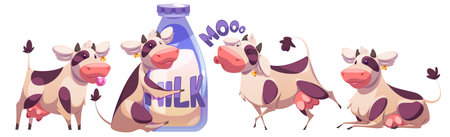 Cow funny mascot character set - cheerful spotted cattle herd standing with stick out tongue, hugging milk bottle, saying moo and lying with smile. Cute bovine animals for farm dairy product design.のイラスト素材