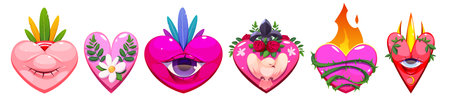 Cartoon sacred heart designs with traditional Mexican folk motifs - colorful vector set of flaming love symbol shapes adorned by flowers and leaves, decorative patterns, all seeing eye symbol.のイラスト素材