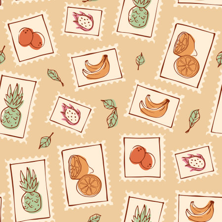 Seamless tropical travel stamp pattern - repeating exotic fruits postage postmarks on background with leaves. Contour drawings of fruits for Hawaiian shirt fabric print or wrapping paper design.のイラスト素材