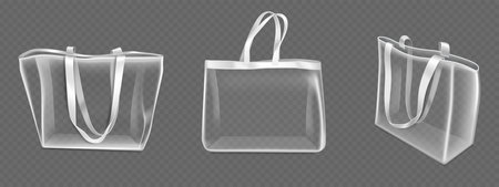 Transparent tote bags mockup set - large shopping package, medium gift sack, handbag pouch. Clear plastic zipper pockets collection. Carrying case in various angles for packaging branding design.のイラスト素材