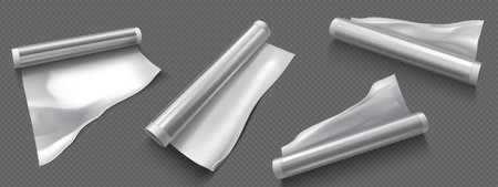 Aluminium foil roll silvery shiny sheets - thin pliable metal material pieces different shapes size. Realistic 3d flexible packaging wrapper for food storage cooking isolated on transparent backgroundのイラスト素材
