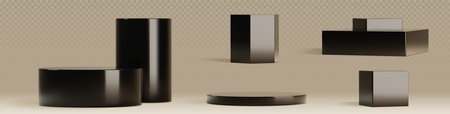 Black podium and pedestal set - cylinder, cube and hexagon shapes on transparent background. Realistic 3d empty museum stage, product display stand, winner podium. Luxury showcase platform mockups.のイラスト素材
