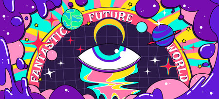 Psychedelic retro poster with abstract shapes. Vector illustration of bright color future world banners with eye, space planets, moon, geometric wireframe elements, surreal background, y2k aestheticのイラスト素材