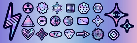 Y2k holographic sticker pack - retro aesthetic pink and purple with black details decals. 90s cyber style graphic elements of smiling face and star, heart and globe, stop sign and gear shapes.のイラスト素材
