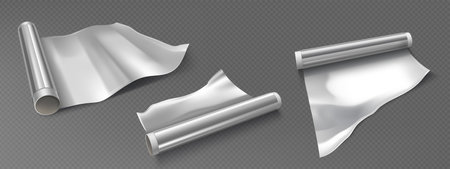 Aluminium foil roll silvery shiny sheets - thin pliable metal material pieces different shapes size. Realistic 3d flexible packaging wrapper for food storage cooking isolated on transparent backgroundのイラスト素材