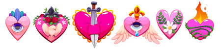 Mexican sacred hearts set isolated on white background. Vector cartoon illustration of tattoo love and hope symbols with eye, fire, sword, wings, flower and colorful ornament, hispanic culture artのイラスト素材