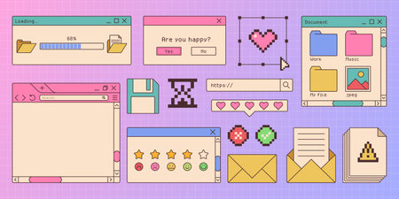 Retro style window browser assets set. Cute interface elements from old school websites - loading bar, dialog box, search form, emoticon icon, floppy disk and folders. Nostalgic 90s inspired UI designのイラスト素材