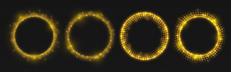 Yellow dot circles set isolated on transparent background. Vector realistic illustration of round golden light spot frames, abstract sparkling borders for retro disco party, holiday celebration bannerのイラスト素材