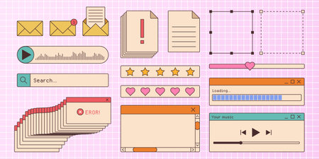 Retro browser window interface kit. Ui components of music player, loading bar, dialog boxes, star and heart ratings, error messages and search bar. Nostalgic 90s vibe web design elements.のイラスト素材