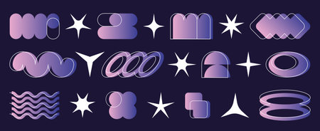 Abstract y2k gradient shapes set isolated on black. Vector illustration of holographic wave, circle, square, rhombus shape geometric icons in purple and blue color, retro futuristic design elementsのイラスト素材