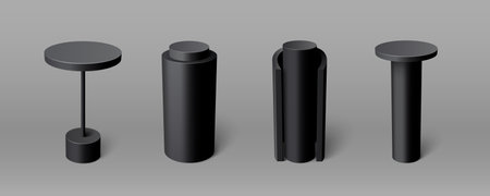 Black podium set - tall round cylindrical pedestals of different shapes. Simple geometric stages with smooth matte surfaces for product display or exhibition design. Minimalist monochrome style.のイラスト素材
