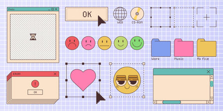 Retro styled window browser interface elements from nostalgic websites - emoticon face icons,...